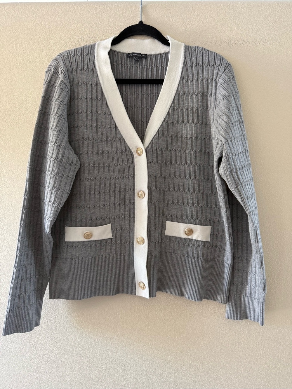 Adrianna Papell Elegant Cable Knit Cardigan with Cream Trim and Gold Buttons XL